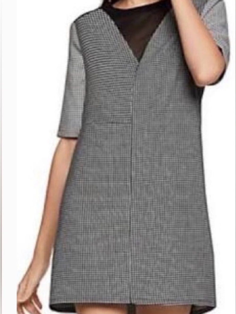 Black and white Checkered Shift Dress with Mesh V-Neck